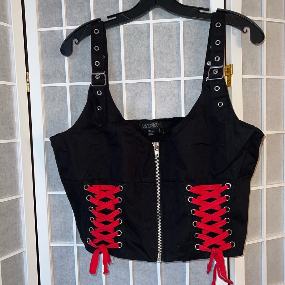 CORSET, WIDOW BLACK DENIM.CROP with zipper & laces